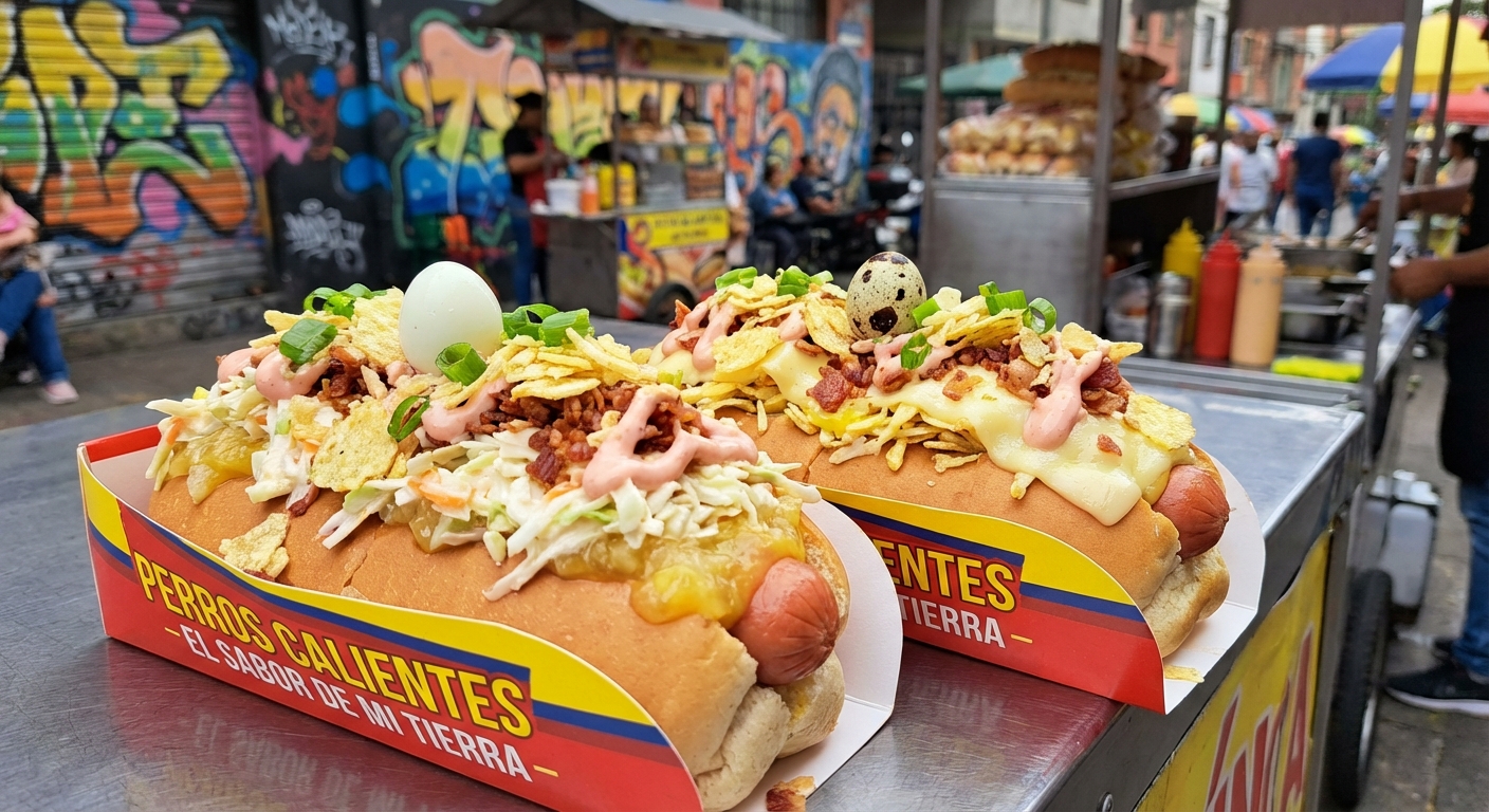 Colombian hot dogs loaded with toppings