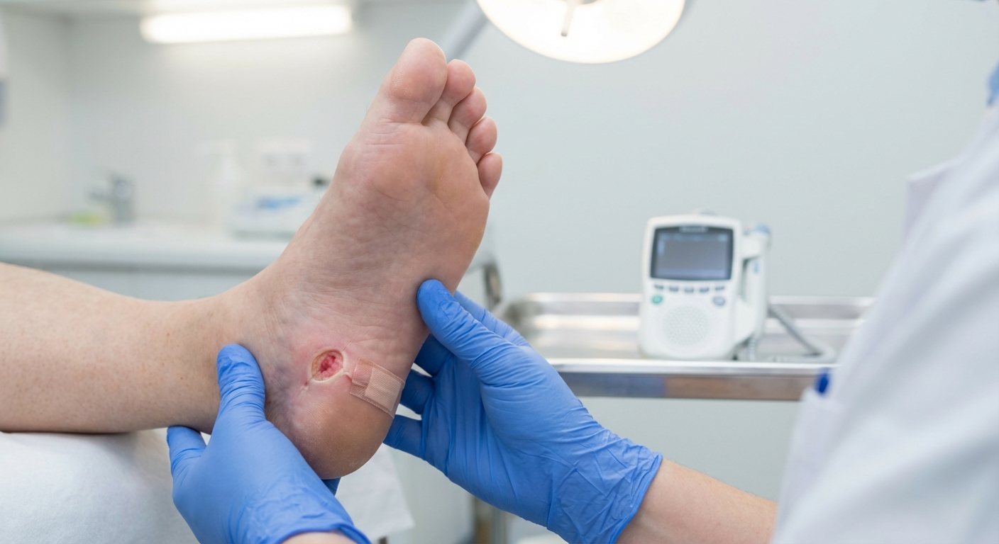 Healthcare professional examining a patient's foot for diabetic ulcer treatment