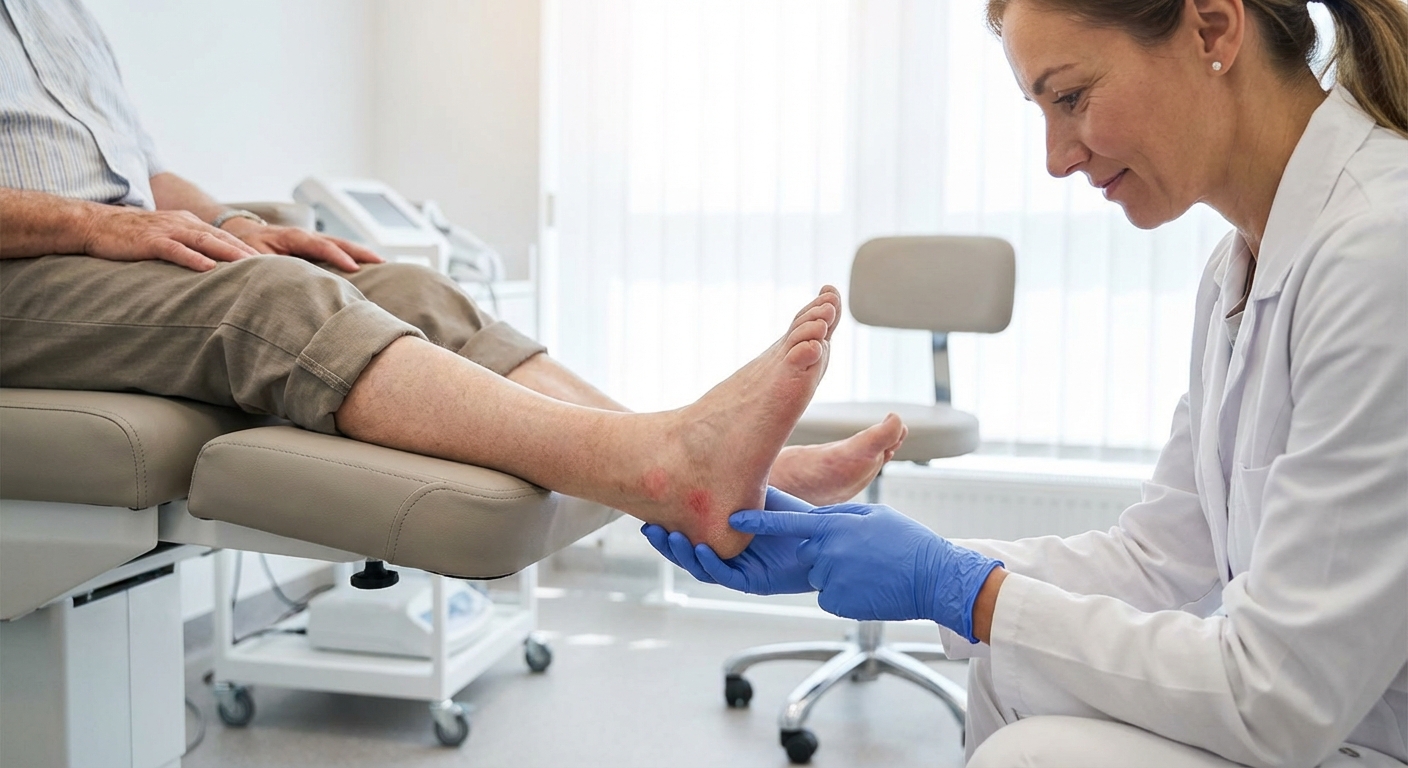 Podiatrist examining elderly patient's feet for diabetic foot care