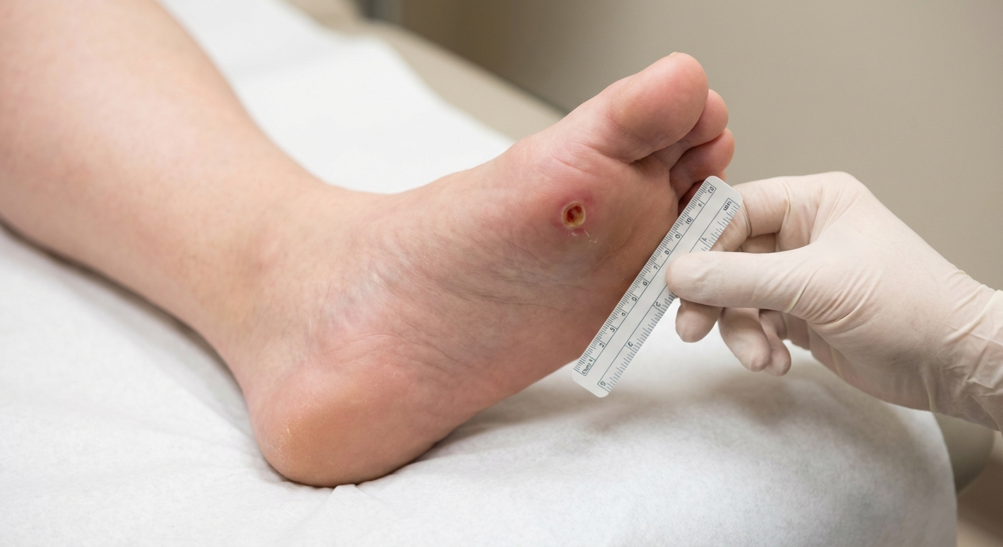 Diabetic foot ulcer on patient's foot in clinical examination setting