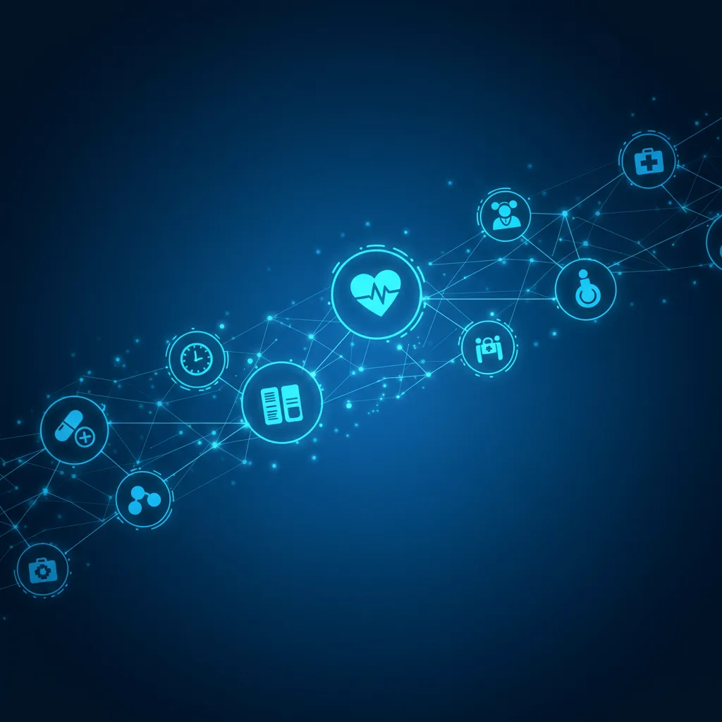 Abstract digital art showing interconnected network of caregiving icons representing medication safety