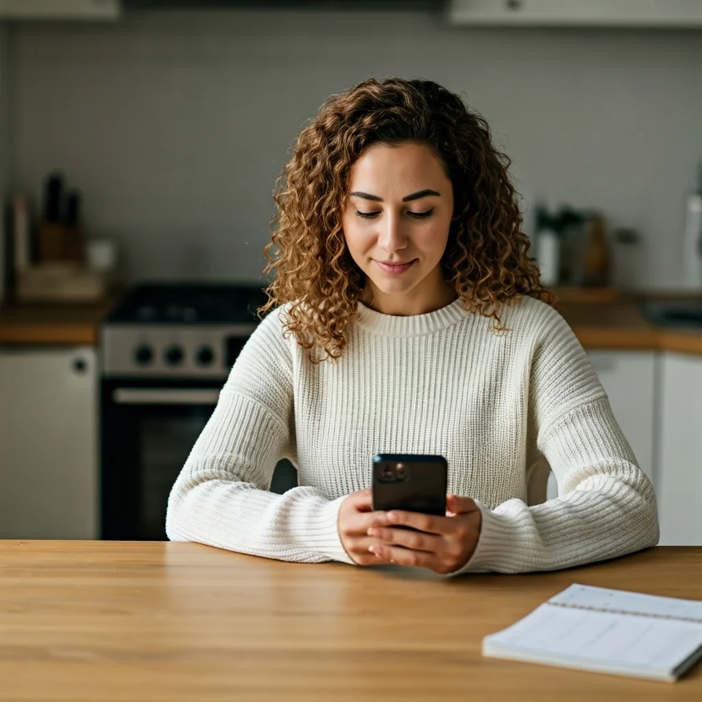 Caring Hispanic adult daughter sitting at kitchen table with phone, setting up reminders with satisfied expression