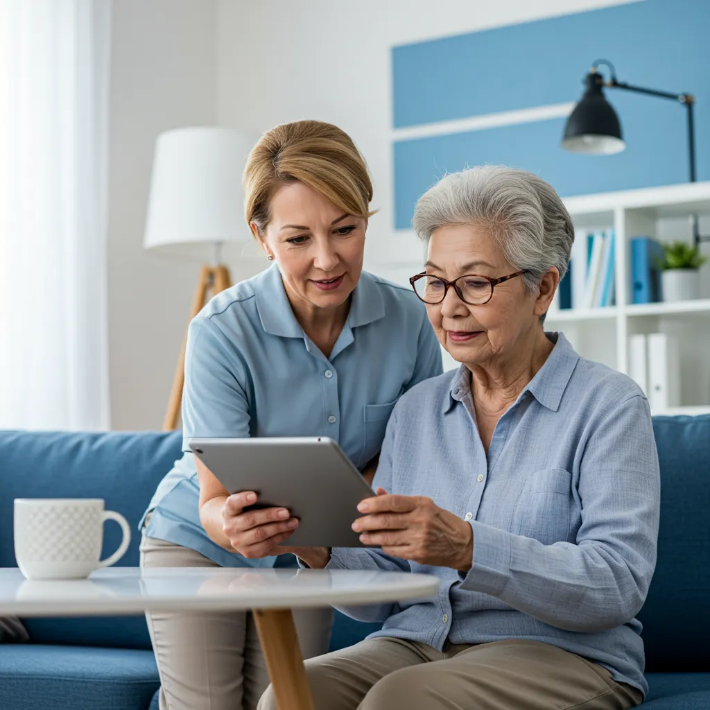 Warm, empathetic scene of a caregiver helping an elderly person with medication management