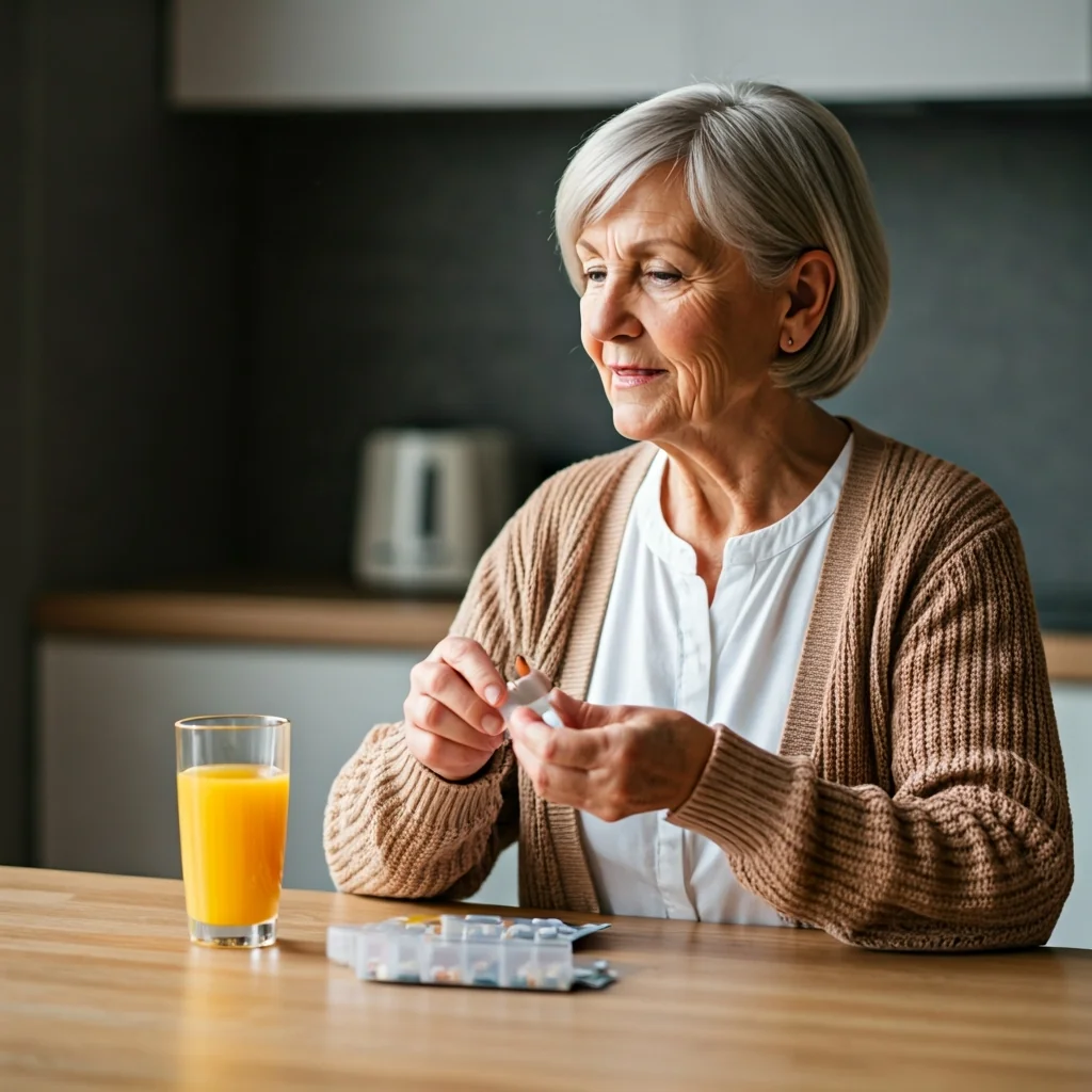 Elderly Black father at breakfast table confidently taking his pills while his adult daughter receives notification in her office