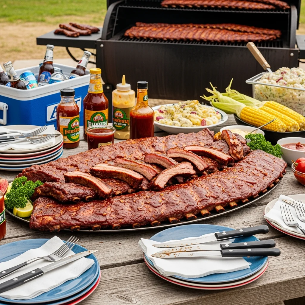 Tender BBQ ribs with smoky barbecue sauce, served for 10-15 people