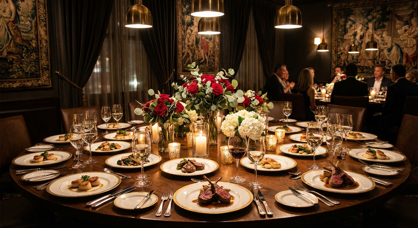 Elegant intimate private dinner party setup with beautifully plated courses and elegant table setting