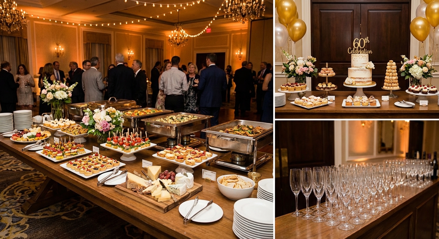 Festive milestone birthday party with elegant buffet stations and birthday decorations