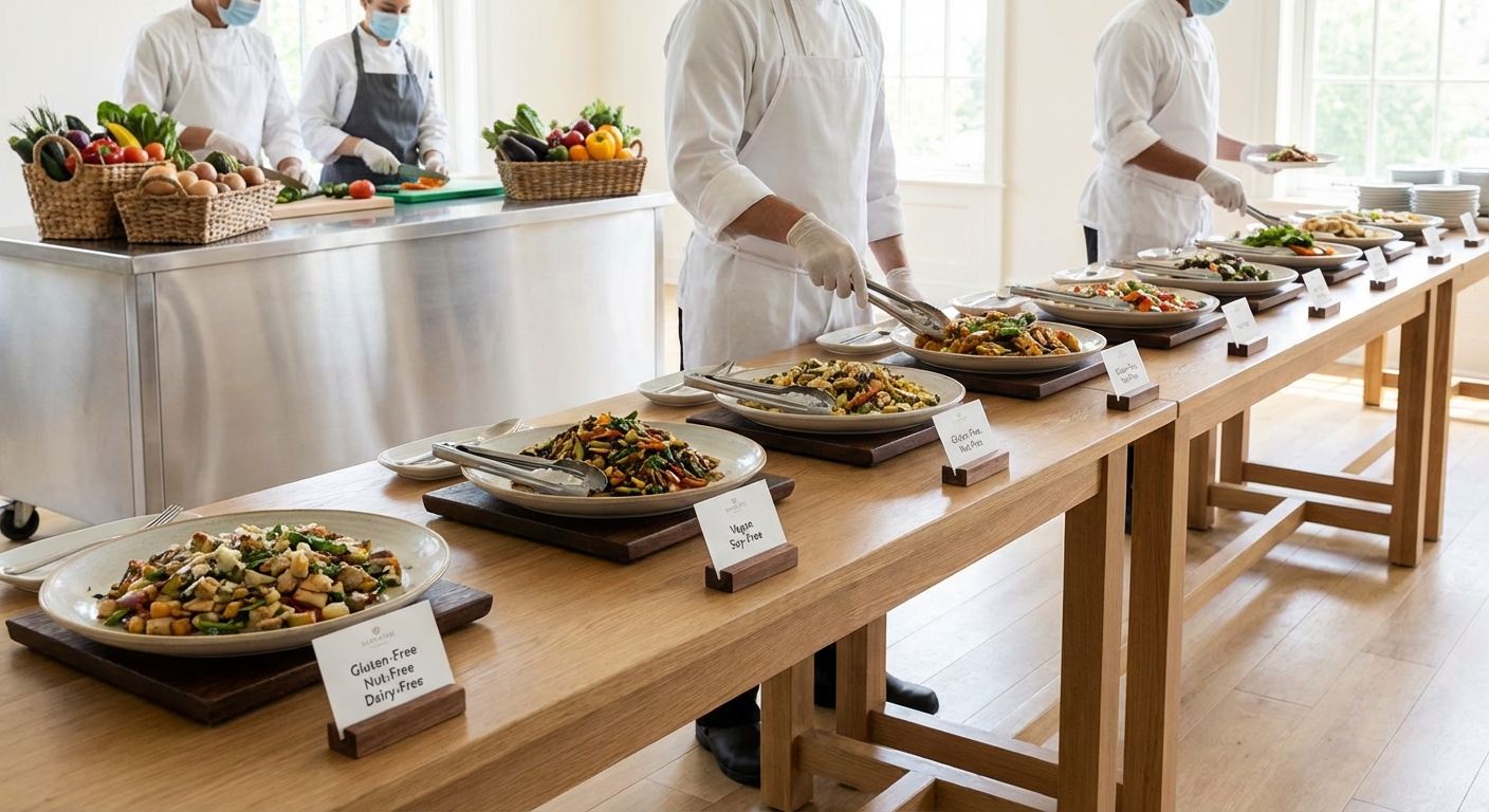 Safe allergen-free catered meal preparation with clearly labeled dishes and dedicated serving areas