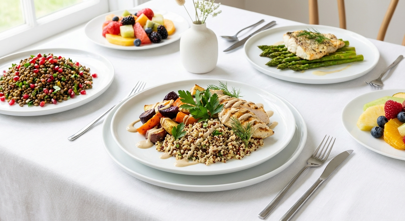 Beautiful gluten-free catered meal with fresh vegetables, quinoa, and naturally gluten-free dishes elegantly presented