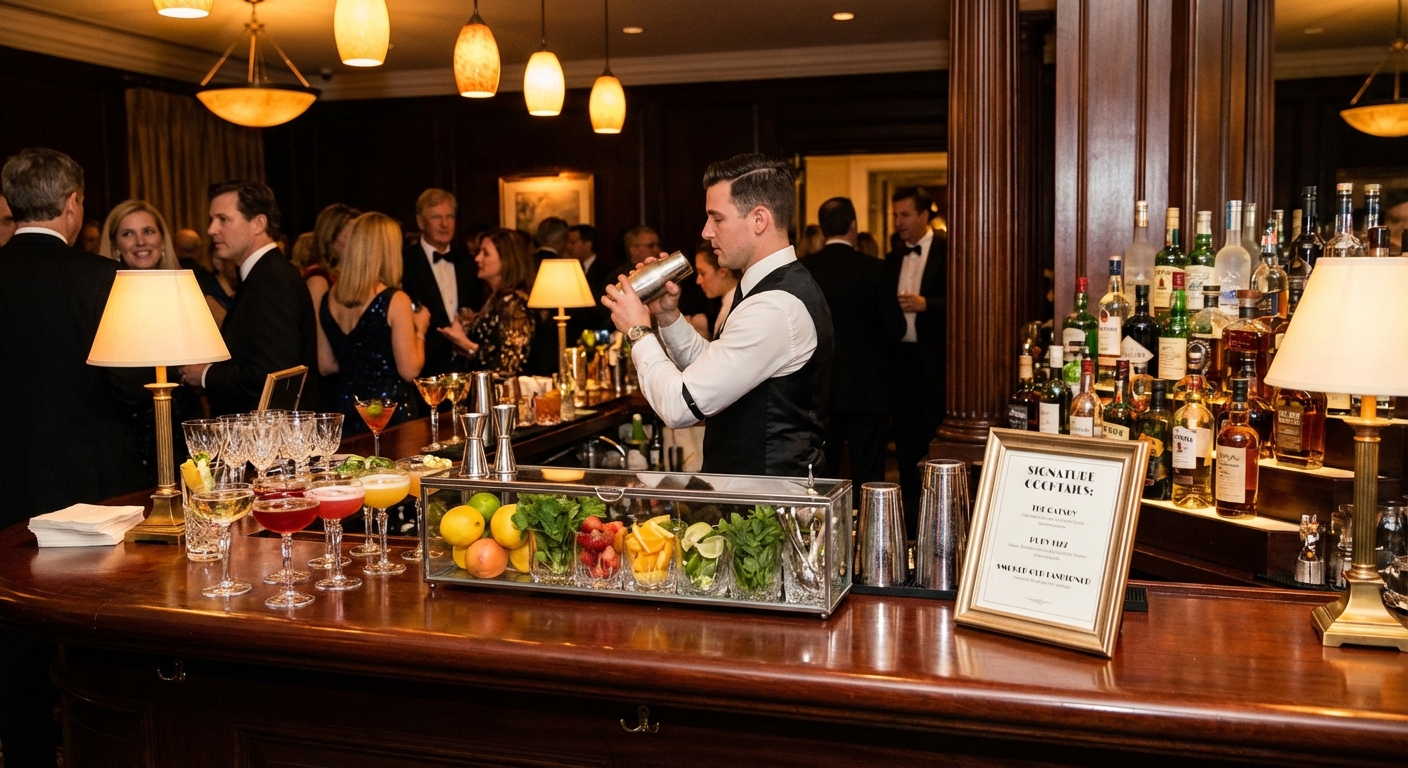Professional bartender serving signature cocktails at elegant private party bar setup