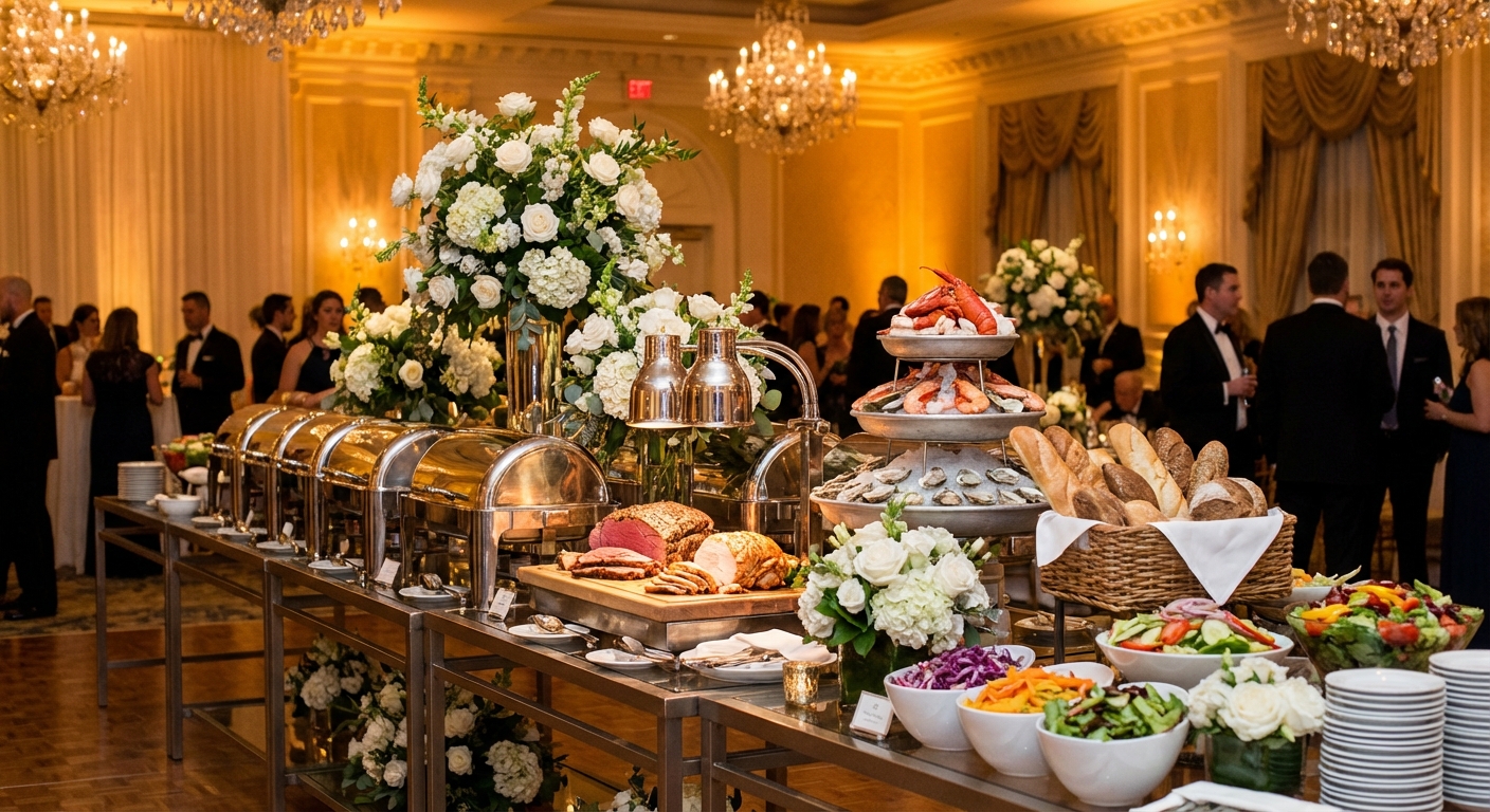 Luxurious grand wedding reception with elegant buffet stations and premium service
