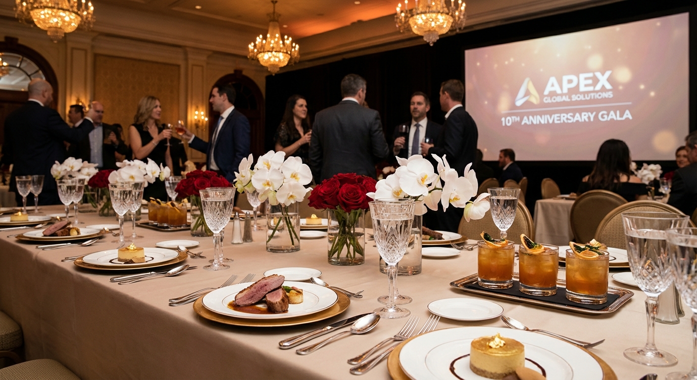 Upscale company celebration with premium catering and elegant presentation