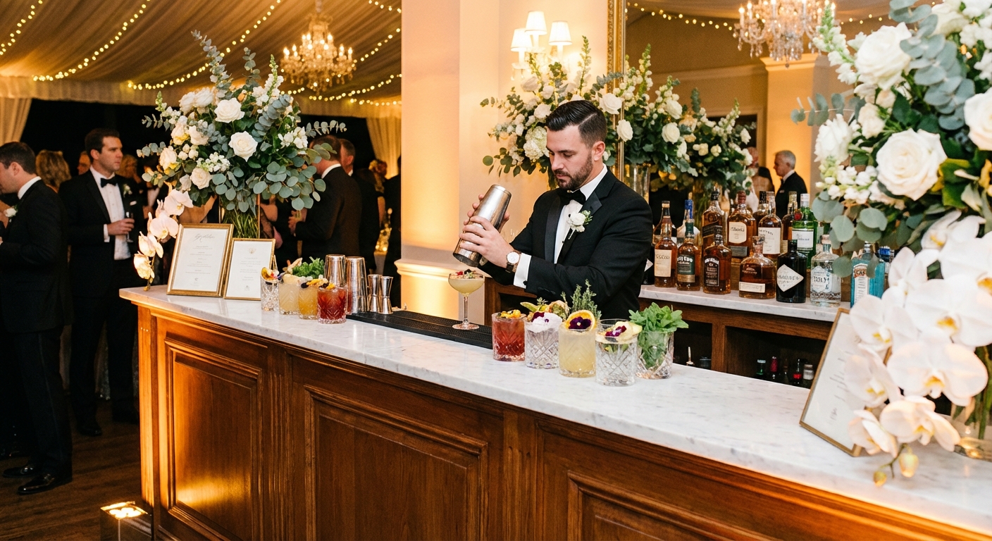 Professional bartender serving signature cocktails at elegant wedding bar setup