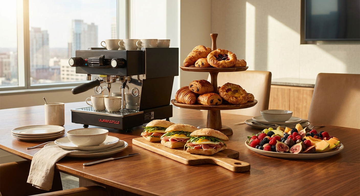 Elegant executive breakfast setup with premium coffee service and pastries