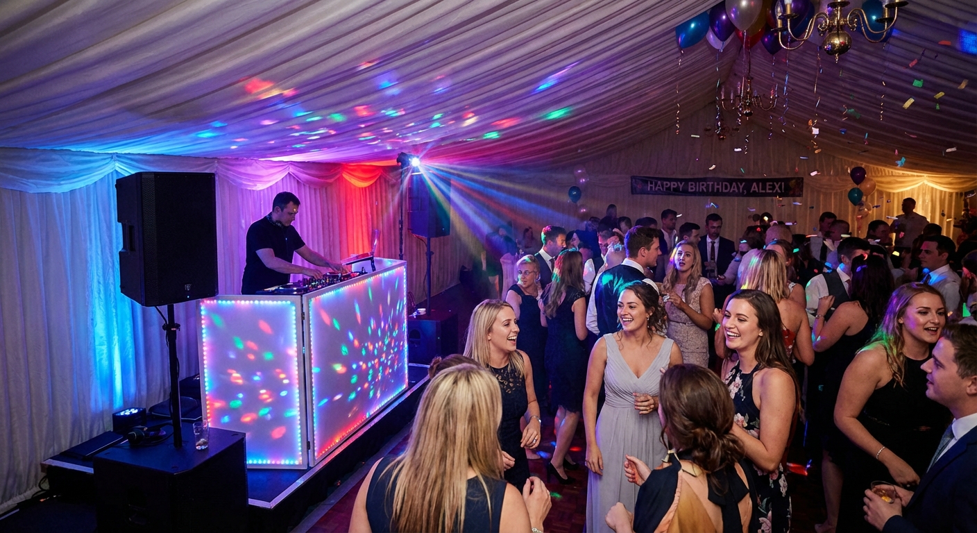 Private party entertainment setup with DJ booth and dance floor coordination
