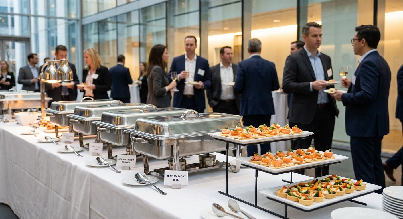 Professional corporate event with buffet stations and networking atmosphere