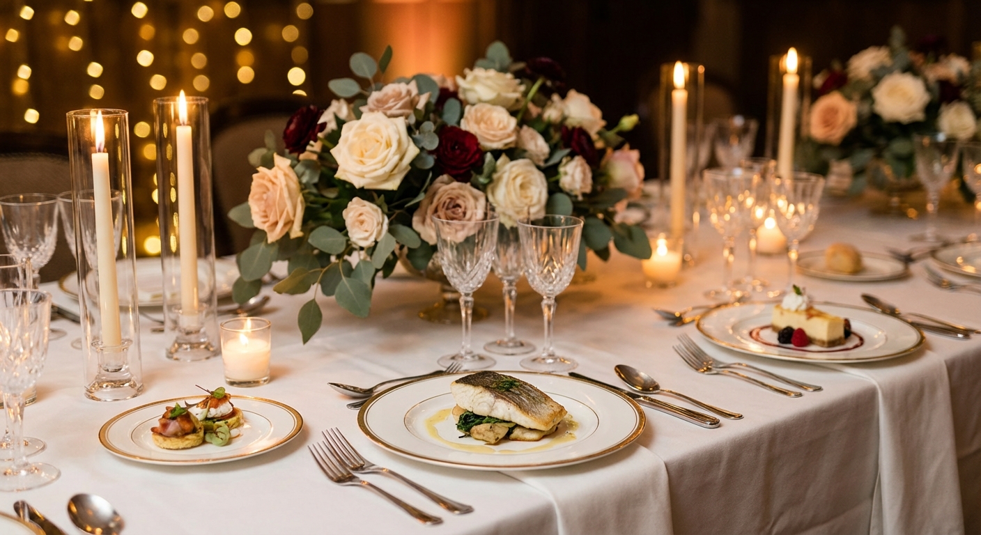 Elegant intimate wedding dinner setup with plated service and floral arrangements