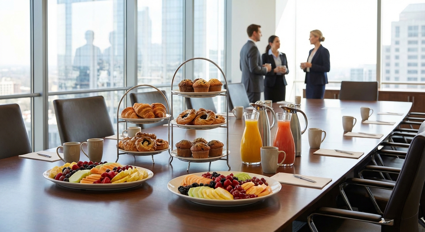 Professional boardroom setup with elegant catered breakfast and meeting amenities