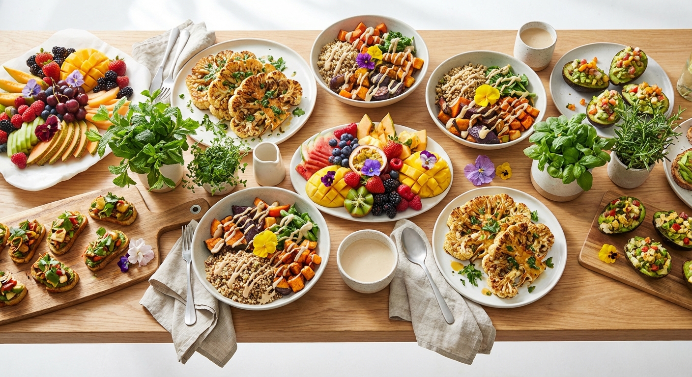 Vibrant vegan catered spread featuring colorful plant-based dishes, fresh produce, and creative meat alternatives