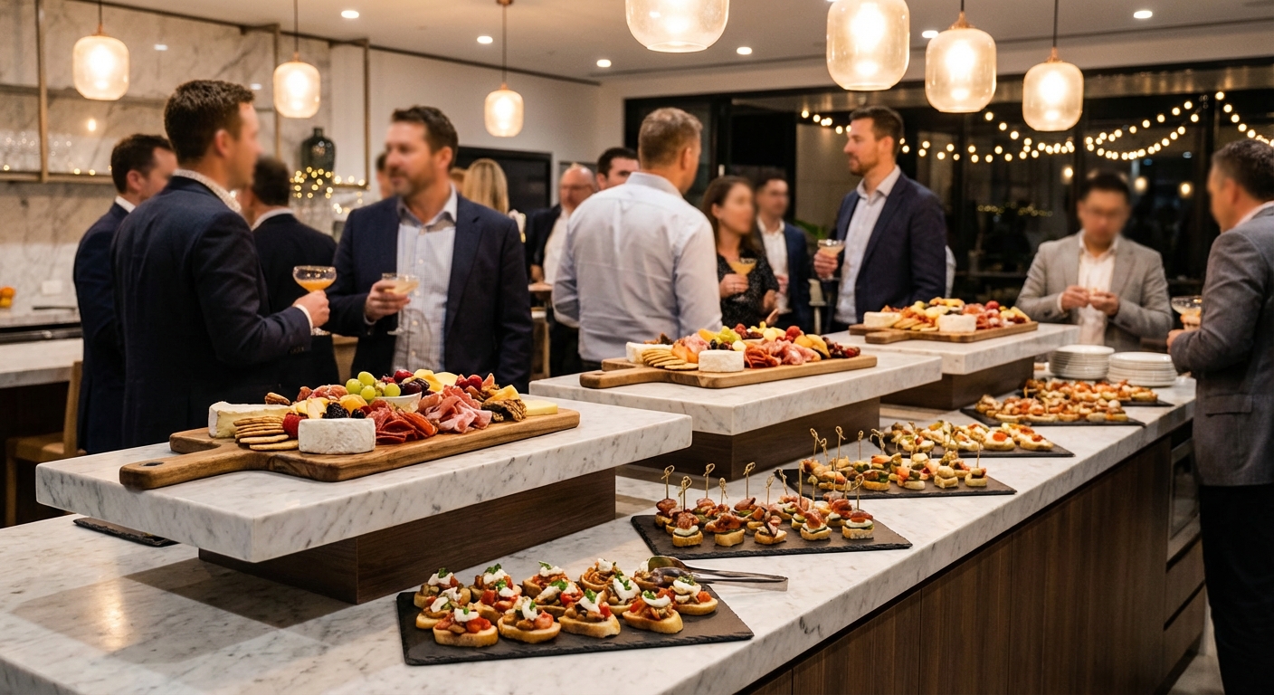 Professional networking station with appetizers and beverages in corporate setting