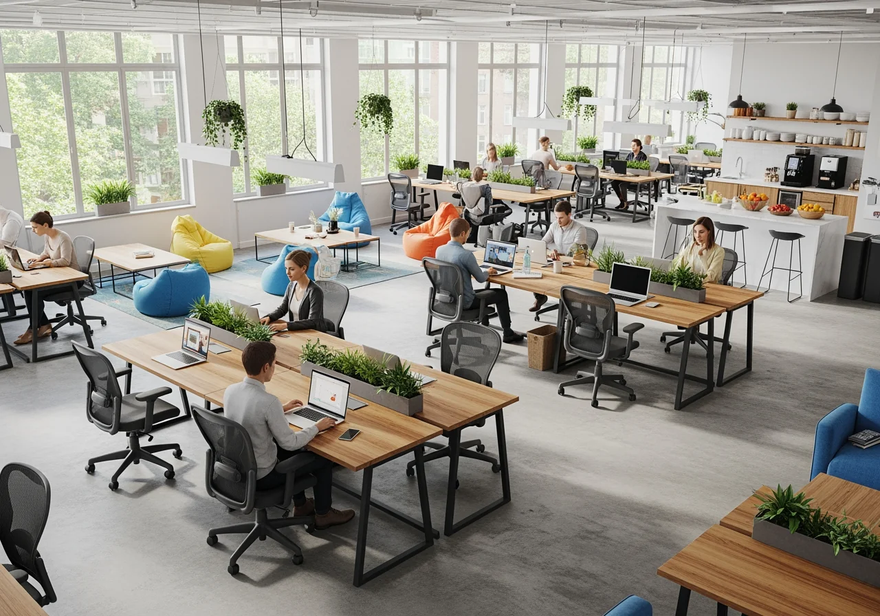 Modern open-plan office environment showing business consultants collaborating