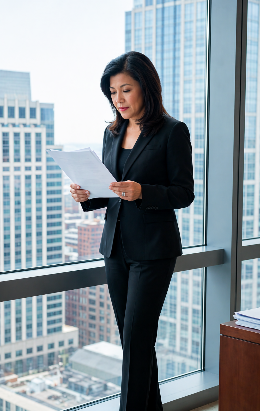 Dr. Mia Mulrennan reviewing documents by a high-rise window