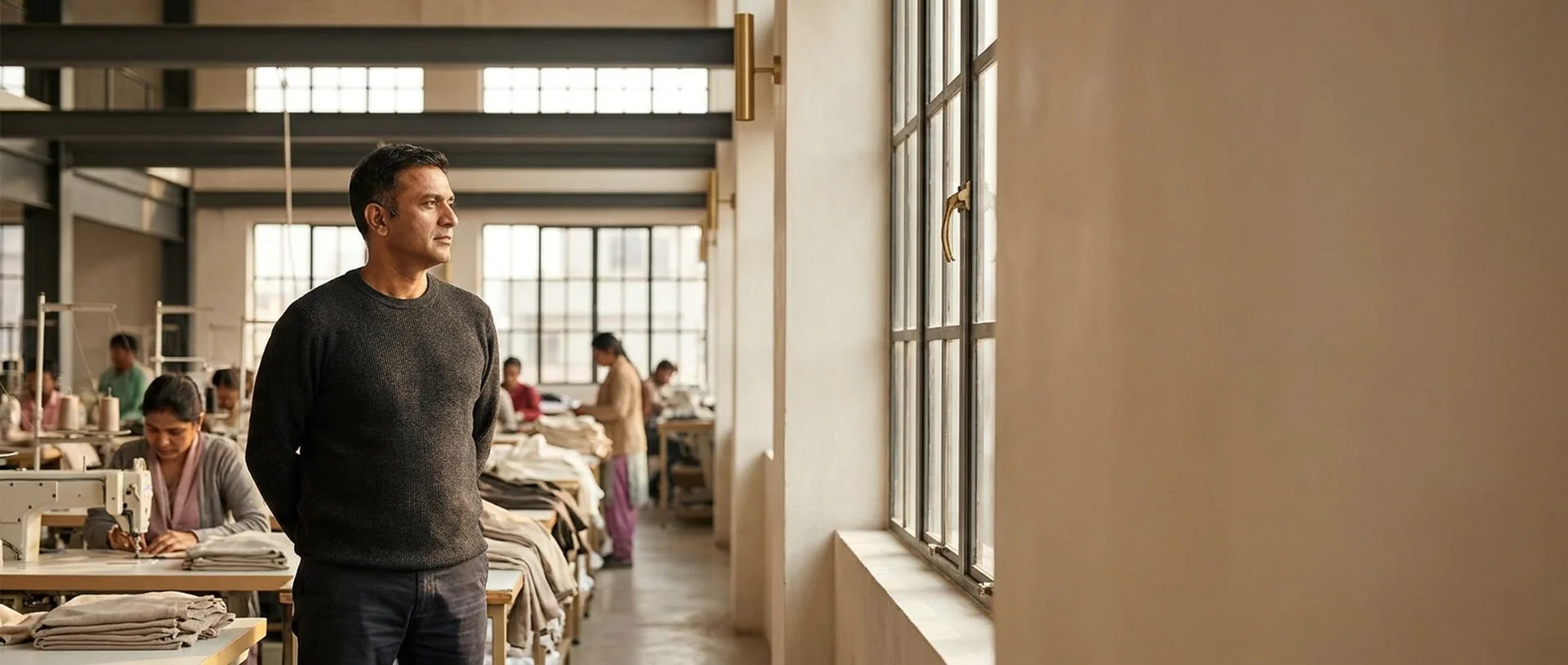 Hula Global founder Karan Bose inside a modern garment manufacturing facility