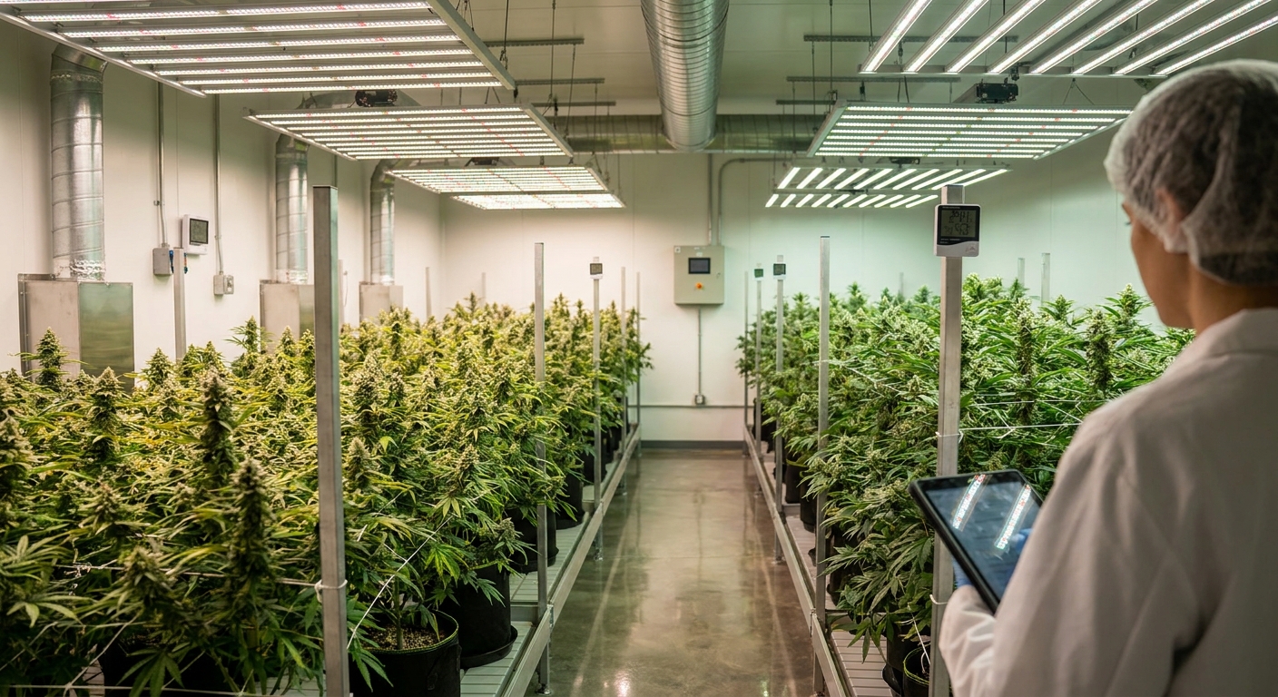 Indoor cannabis cultivation facility with mature flowering plants under LED grow lights