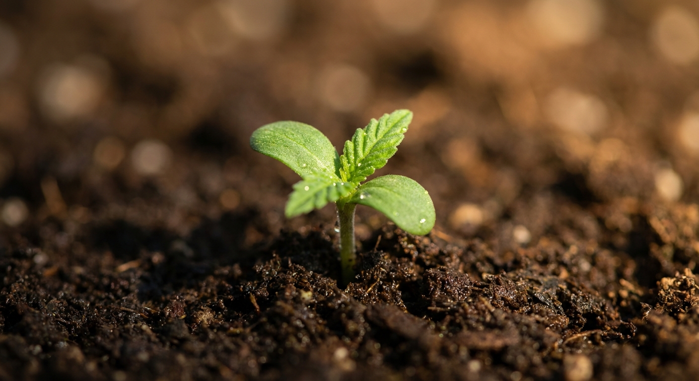 Cannabis seedling sprouting from soil
