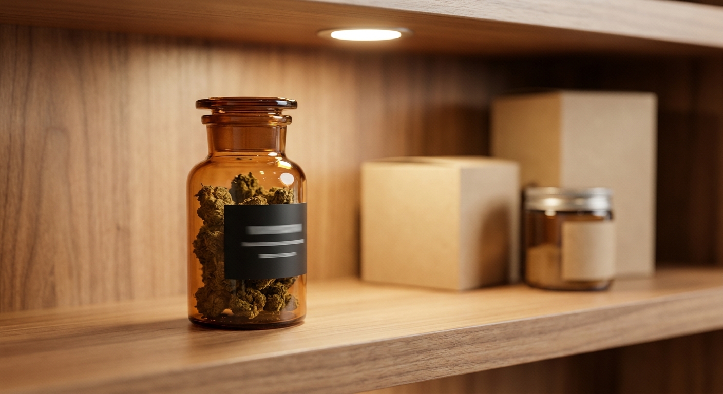Premium cannabis product in amber glass jar on retail shelf